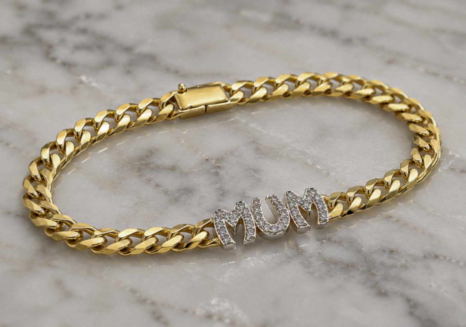9ct Yellow Gold Cubic Zirconia Mum Curb Bracelet