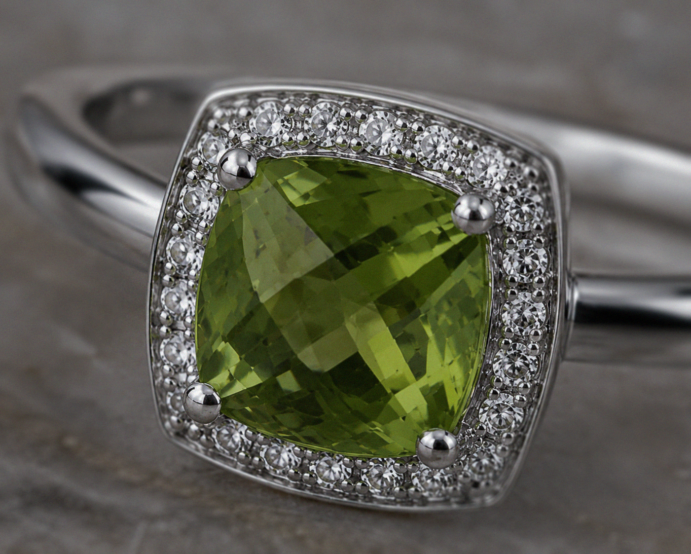 9ct White Gold Cushion-Cut Peridot & Diamond Halo Ring