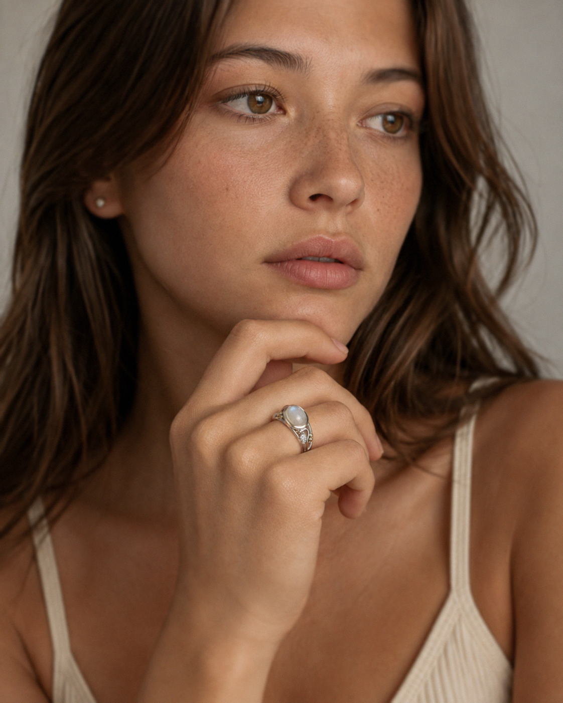 Sterling Silver Rainbow Moonstone Leaf Ring