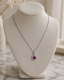 Cushion Cut Ruby & Diamond Halo Pendant Necklace in 9ct White Gold