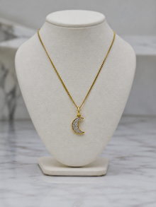 9ct Yellow Gold Diamond Crescent Moon Necklace