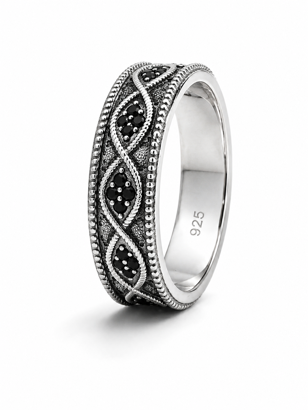 Sterling Silver Black Cubic Zirconia Wave Band Ring.