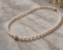 9ct Yellow Gold Freshwater Pearl & Diamond Flower Necklace