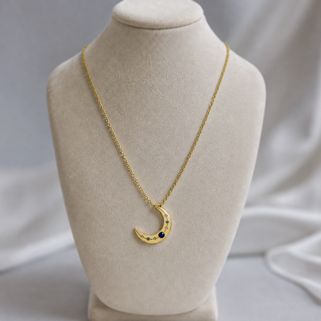 Sterling Silver Lapis & Cubic Zirconia Moon Necklace