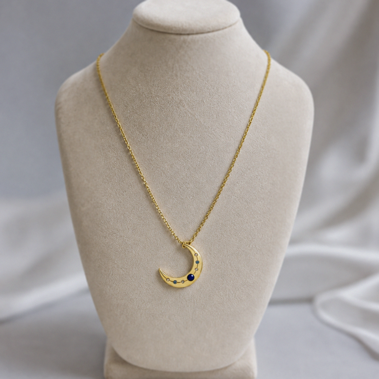 Sterling Silver Lapis & Cubic Zirconia Moon Necklace