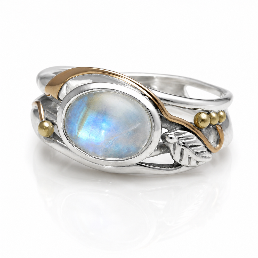 Sterling Silver Rainbow Moonstone Leaf Ring
