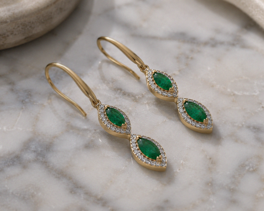 Marquise Double Drop Emerald & Diamond Earrings in 9ct Yellow Gold