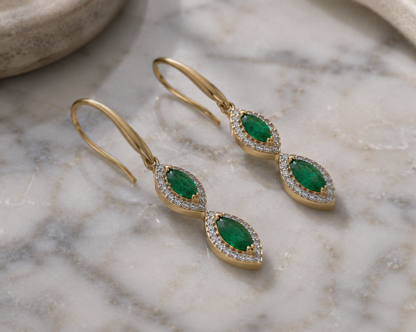 Marquise Double Drop Emerald & Diamond Earrings in 9ct Yellow Gold