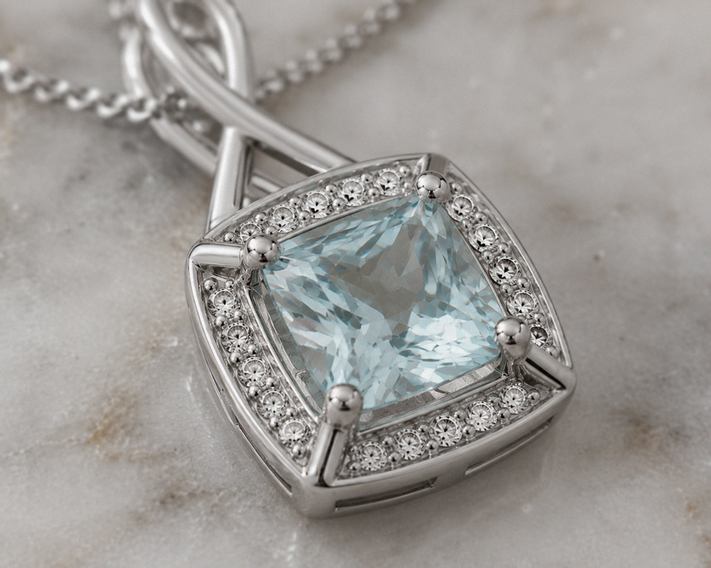 9ct White Gold Aquamarine & Diamond Twist Pendant with Diamond-Cut Curb Chain