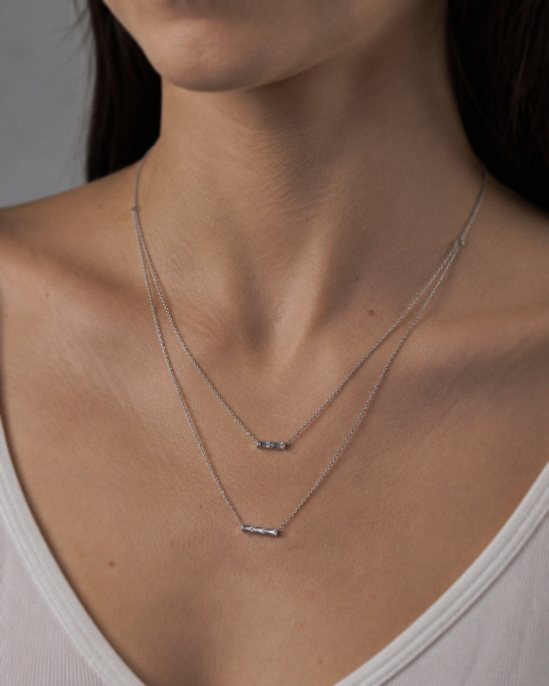 Sterling Silver Cubic Zirconia Double Layer Bar Necklace