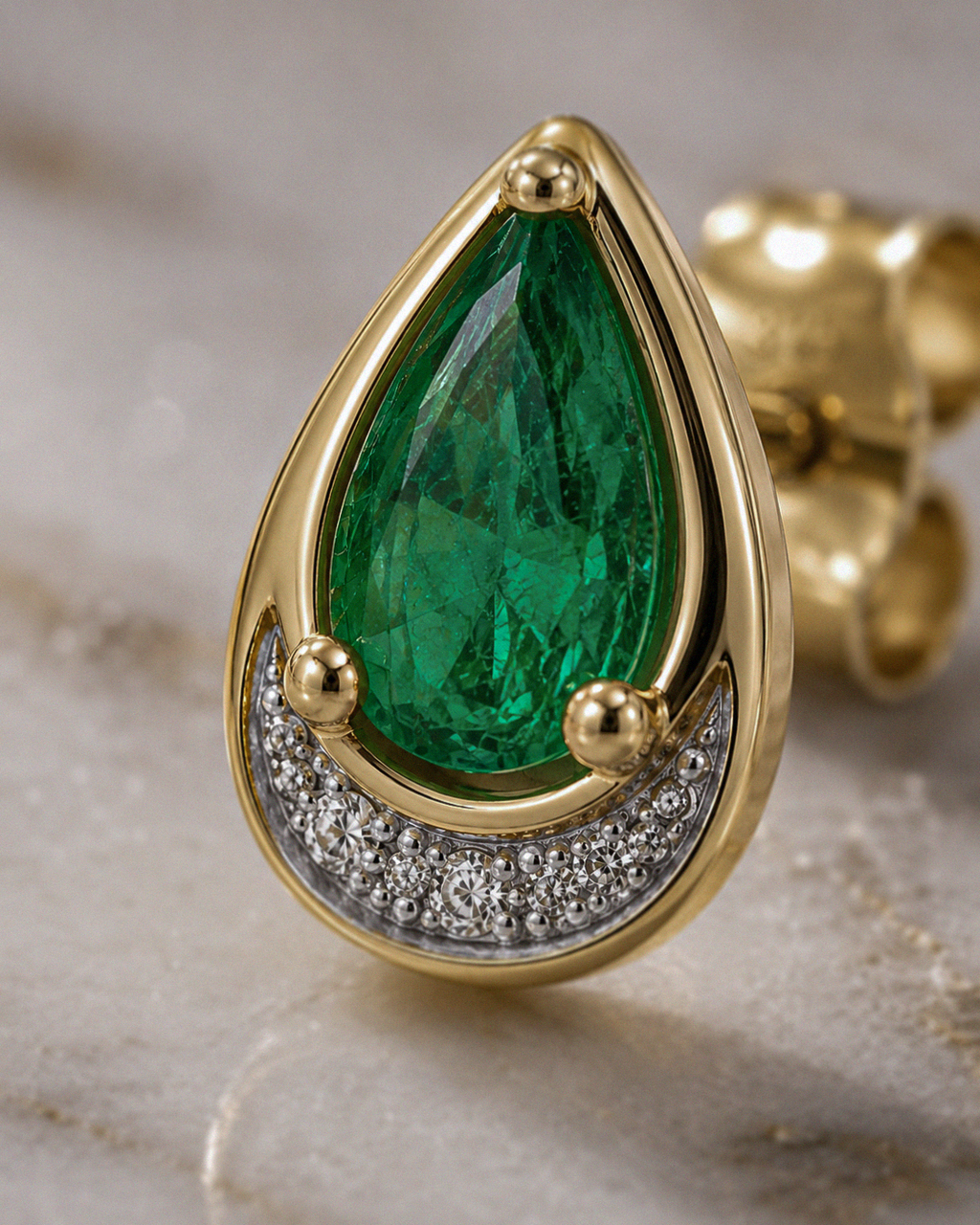 Teardrop Emerald & Diamond Stud Earrings in 9ct Yellow Gold