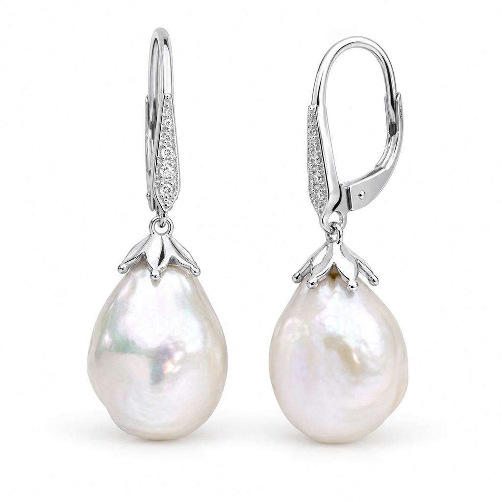 9ct White Gold Baroque Pearl & White Topaz Drop Earrings