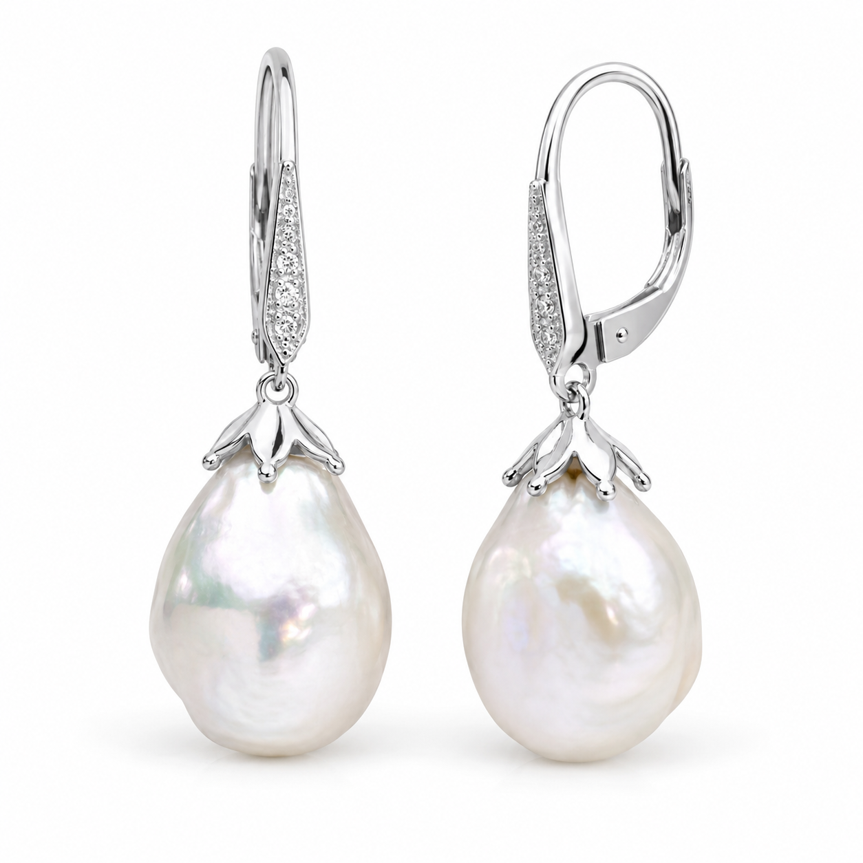 9ct White Gold Baroque Pearl & White Topaz Drop Earrings