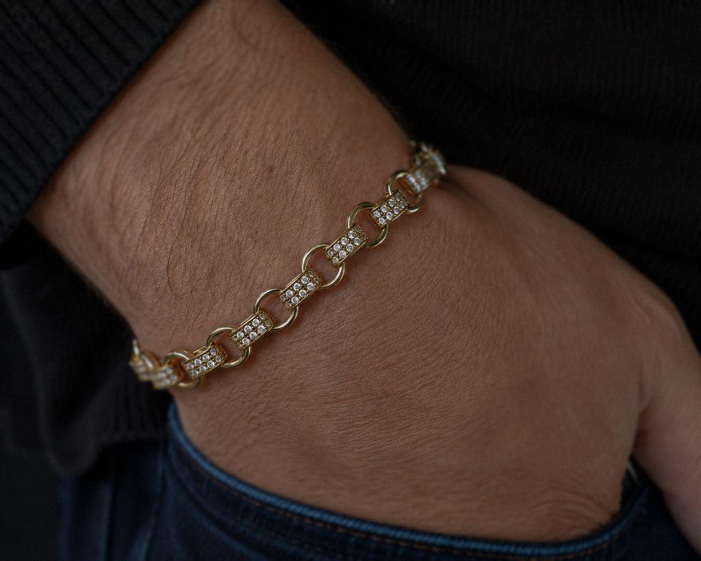 Men’s 9ct Yellow Gold Cubic Zirconia Belcher Bracelet 8.5 Inch