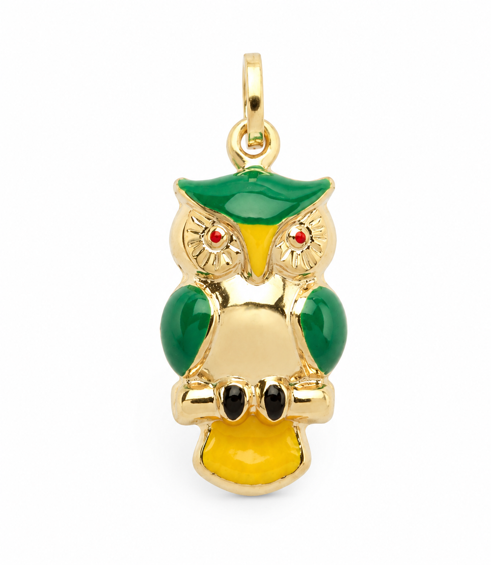 9ct Yellow Gold Enamel Owl Pendant Charm