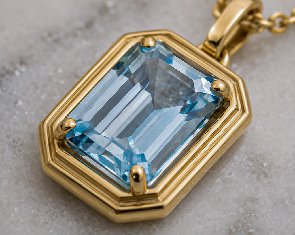 Elongated Aquamarine Pendant in 9ct Gold Curb Chain