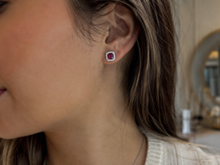 Cushion Cut Ruby & Diamond Halo Stud Earrings in 9ct White Gold