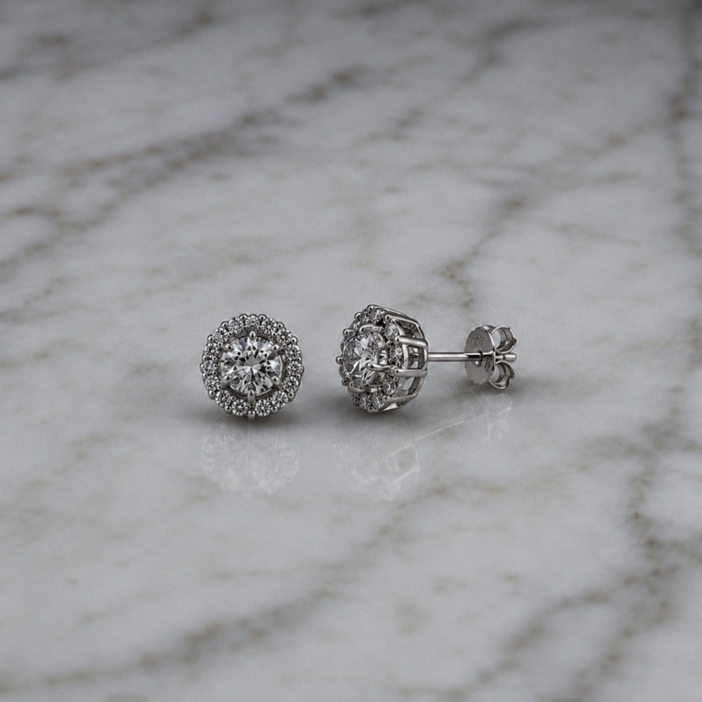 Silver Cubic Zirconia Cluster Halo Stud Earrings