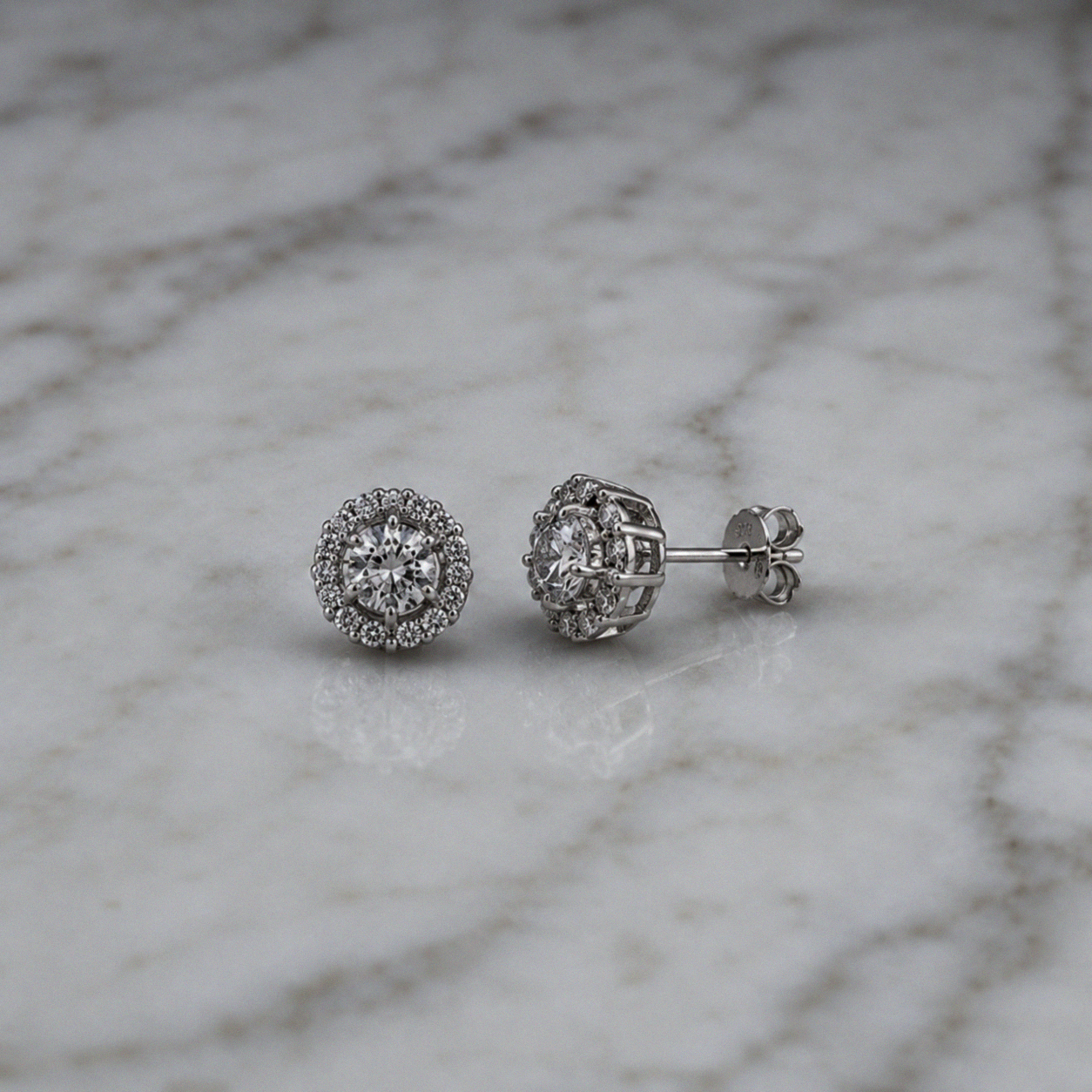 Silver Cubic Zirconia Cluster Halo Stud Earrings