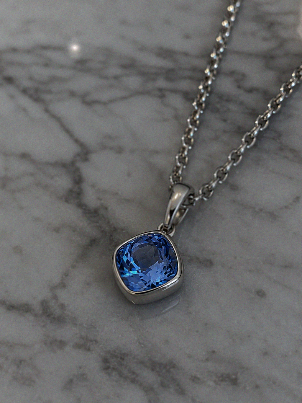 Sterling Silver Cushion Cut Sapphire Crystal Necklace - 51cm