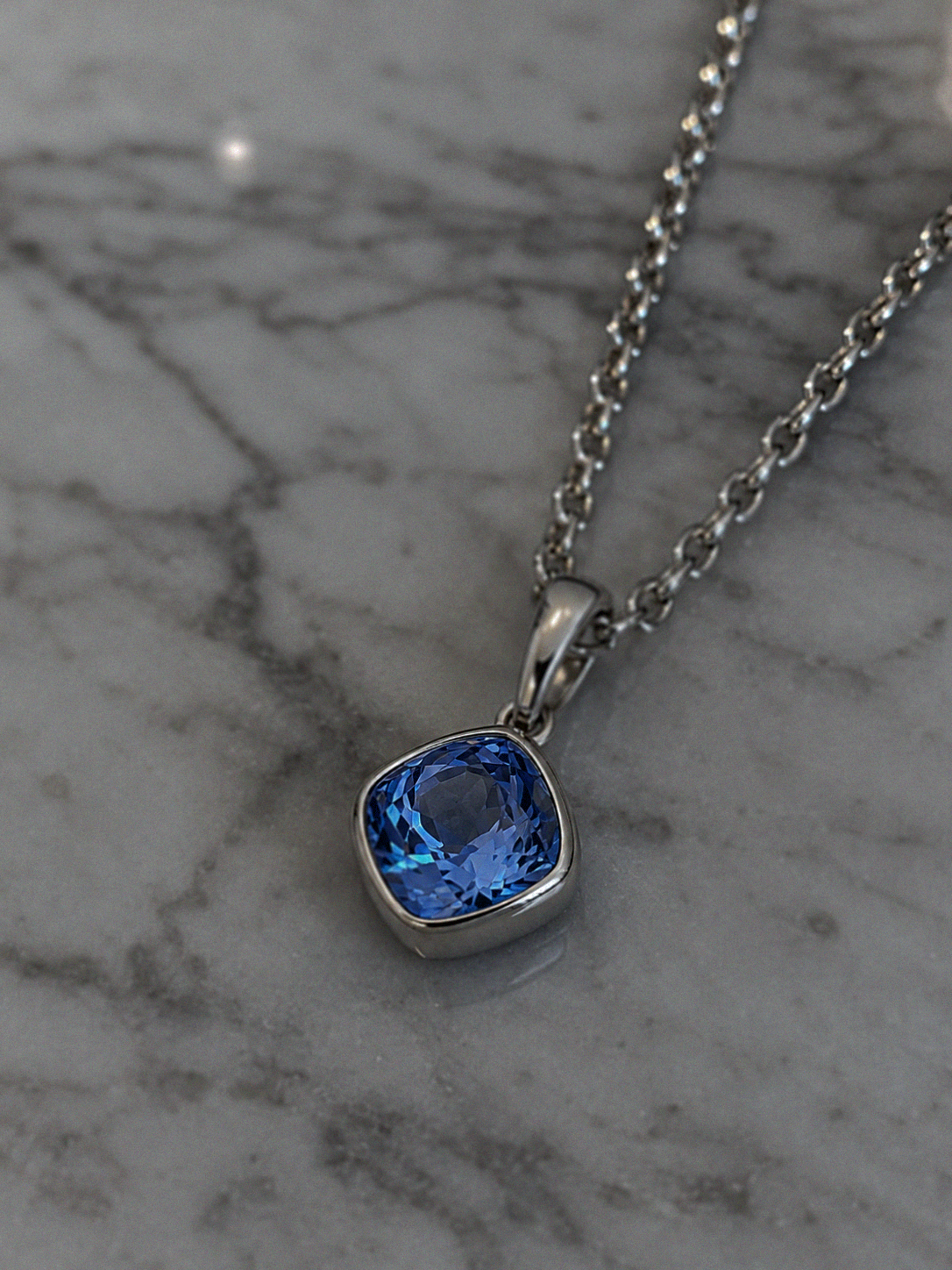 Sterling Silver Cushion Cut Sapphire Crystal Necklace - 51cm