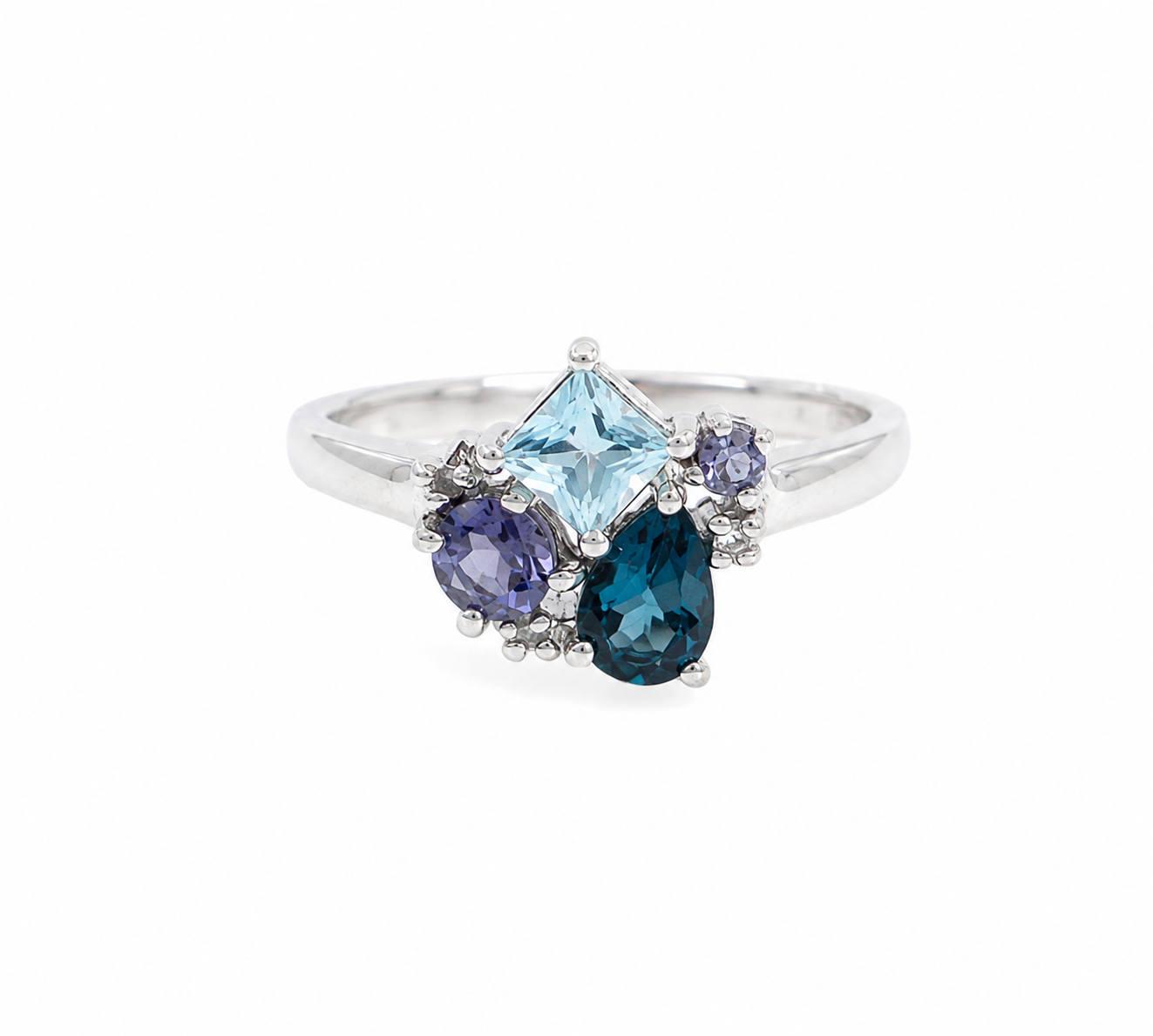 9ct White Gold Blue Topaz, Iolite & Diamond Cluster Ring