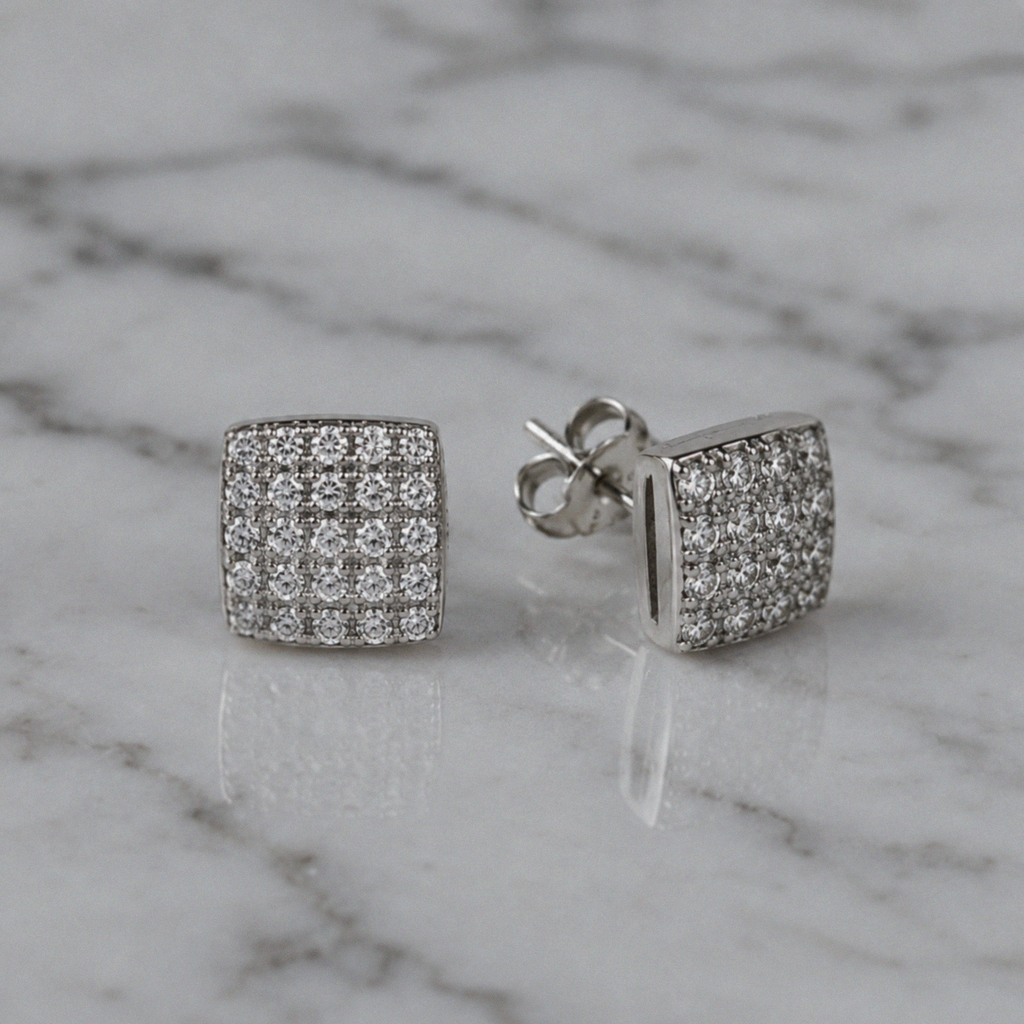Silver Cubic Zirconia Square Stud Earrings