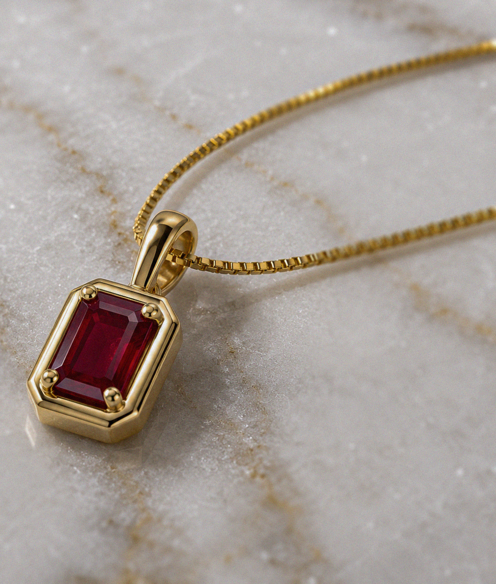 Chunky Border Ruby Pendant with Chain in 9ct Yellow Gold