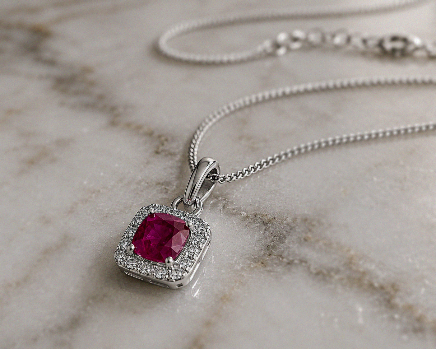 Cushion Cut Ruby & Diamond Halo Pendant Necklace in 9ct White Gold