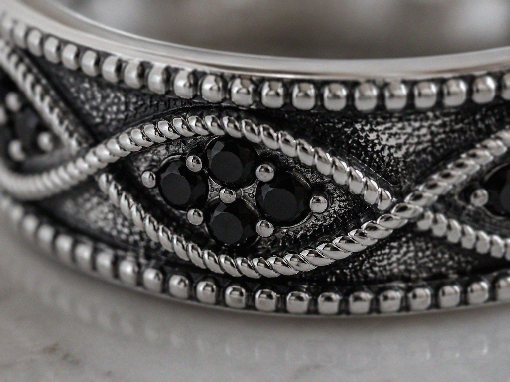 Sterling Silver Black Cubic Zirconia Wave Band Ring.