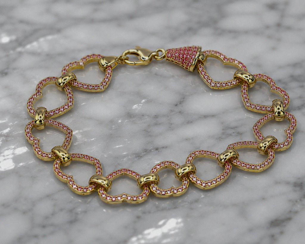 9ct Yellow Gold Pink Cubic Zirconia Heart Belcher Bracelet 7.5 Inch