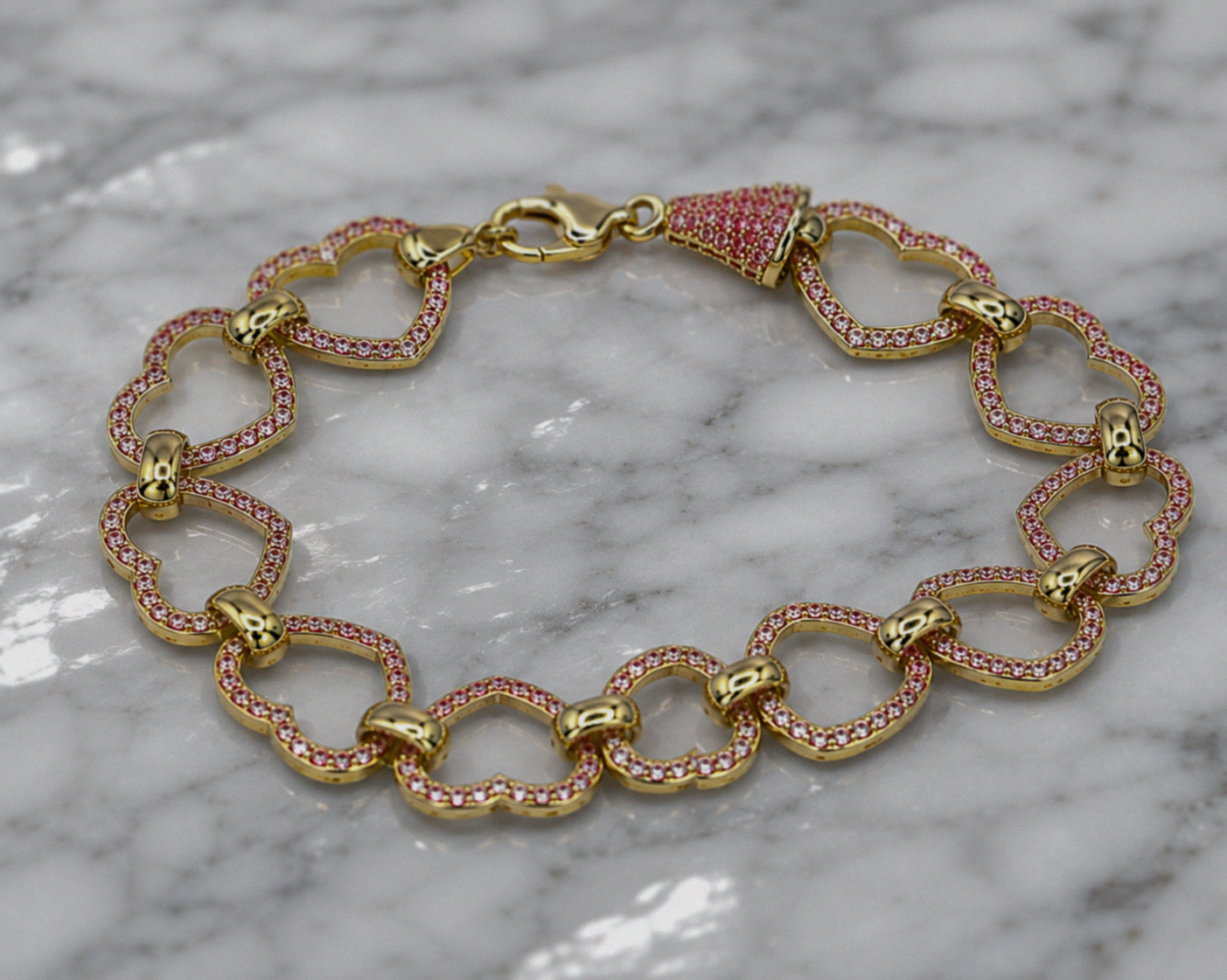 9ct Yellow Gold Pink Cubic Zirconia Heart Belcher Bracelet 7.5 Inch