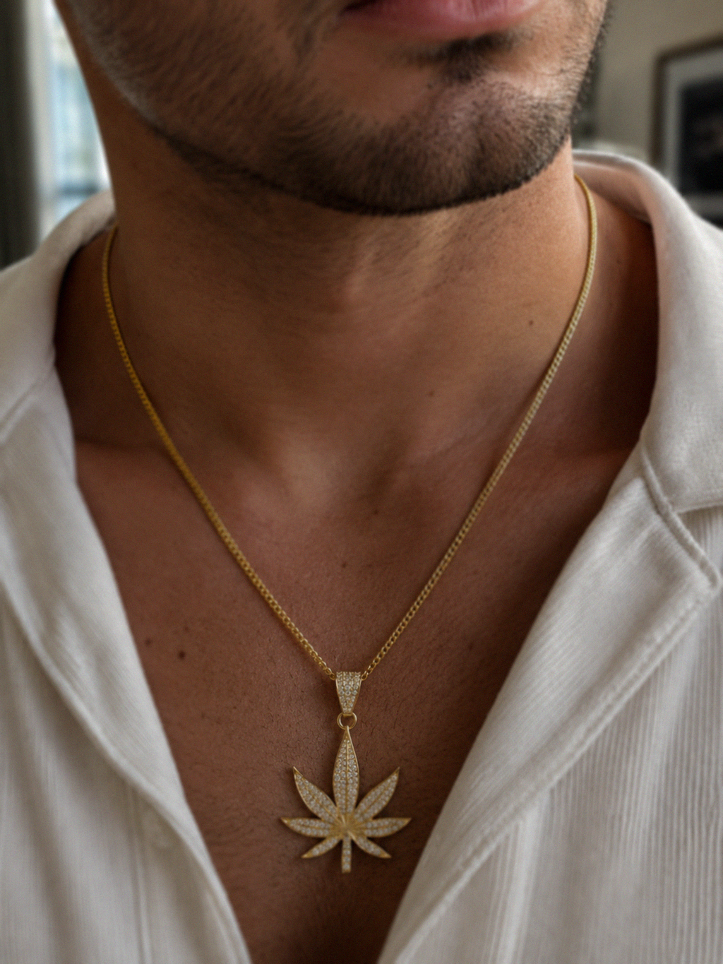 9ct Gold CZ Leaf Necklace with 18ct Diamond Cut Curb Chain
