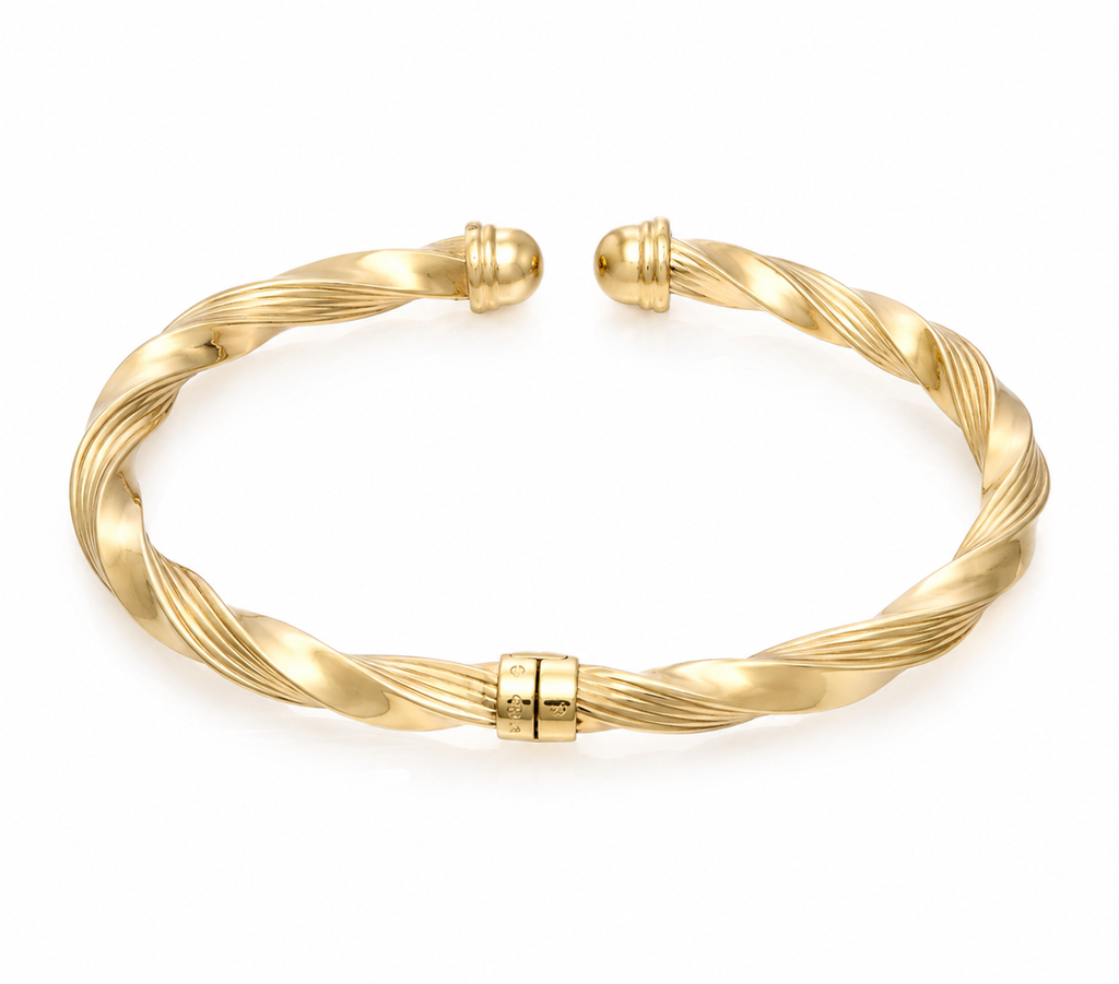 9ct Yellow Gold Sculpted Ribbed Twist Spring Bangle