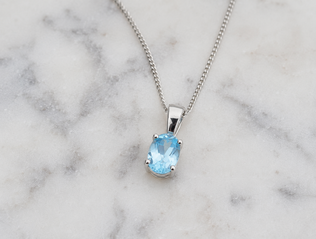 9ct White Gold Swiss Blue Topaz Oval Pendant Necklace
