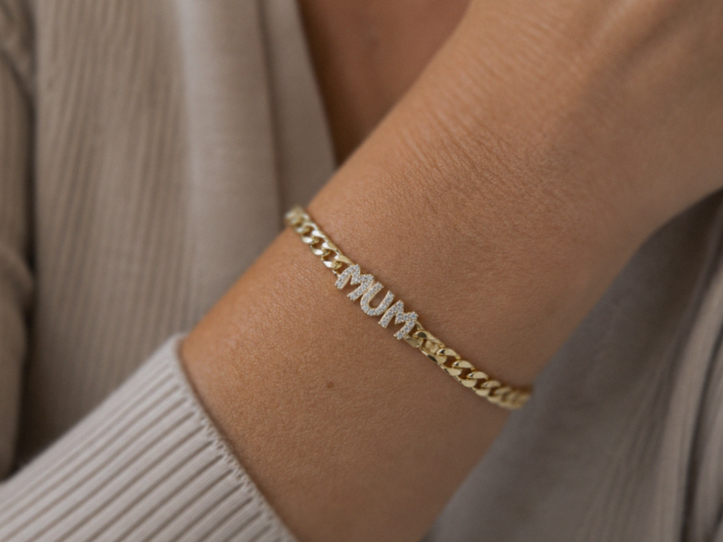 9ct Yellow Gold Cubic Zirconia Mum Curb Bracelet