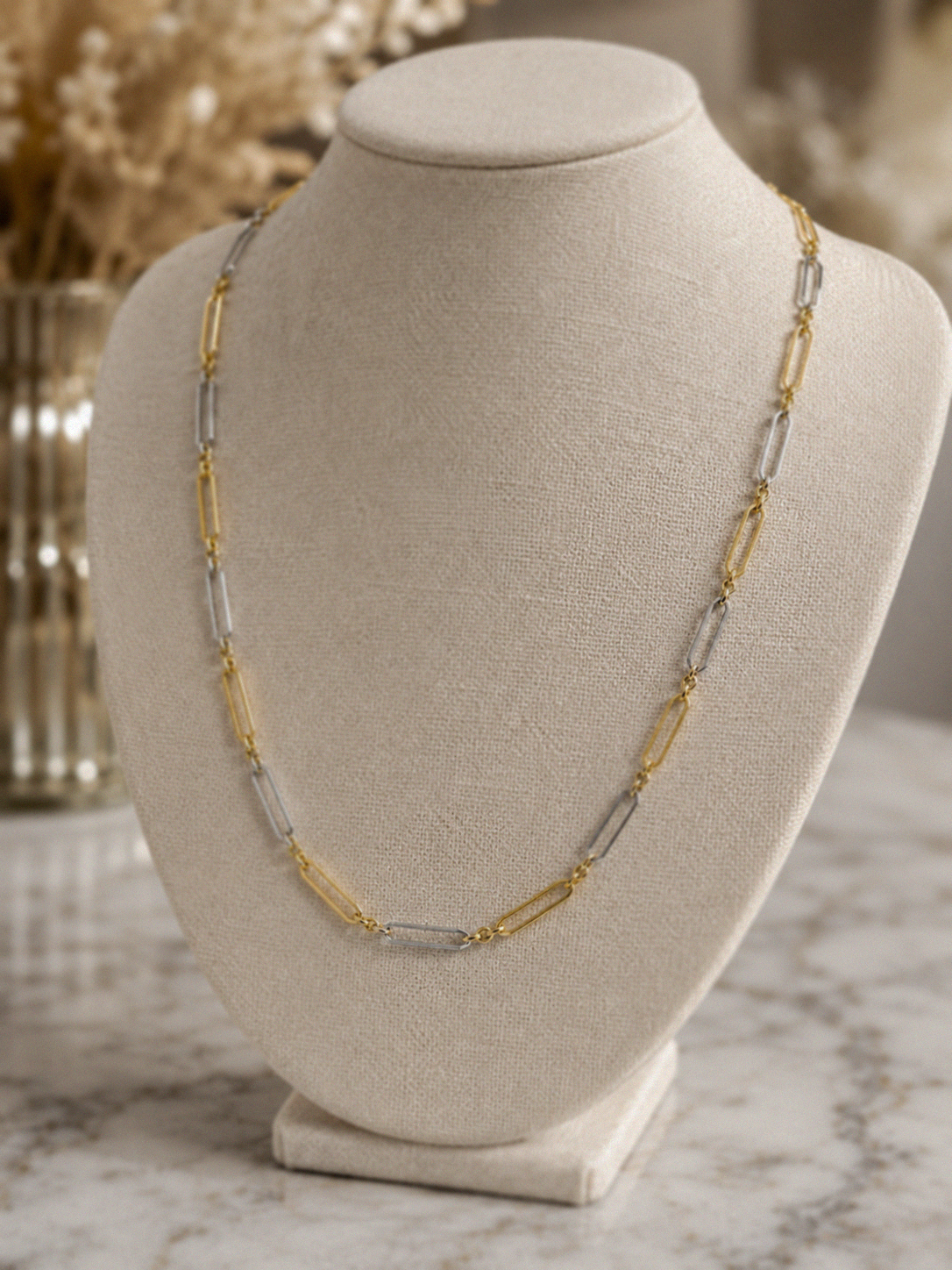 Elongated Link Chain Necklace in 9ct Yellow & White Gold