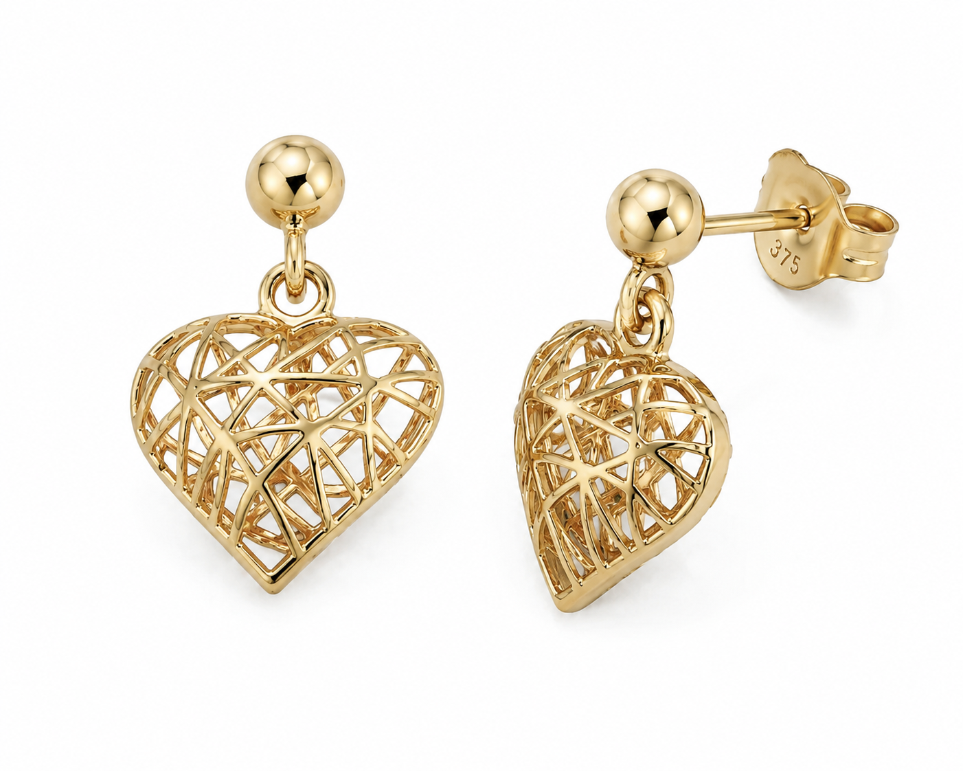 9ct Gold Caged Heart Drop Earrings