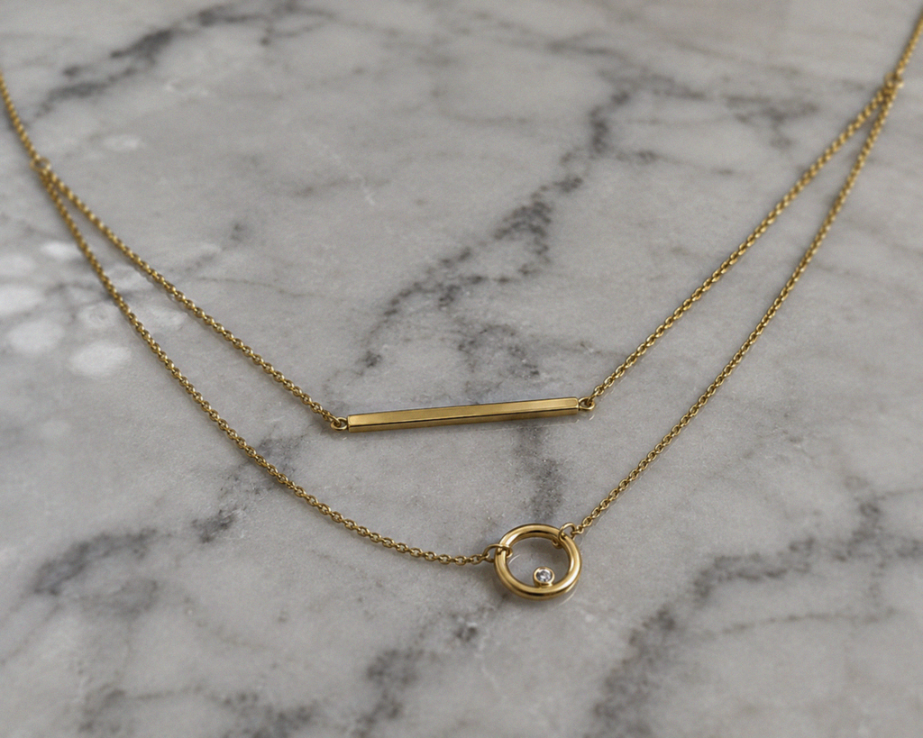 9ct Yellow Gold Bar and Circle Layered Necklace 17.5 Inch