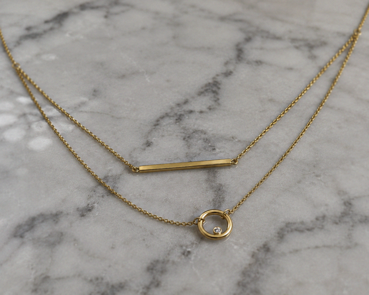 9ct Yellow Gold Bar and Circle Layered Necklace 17.5 Inch