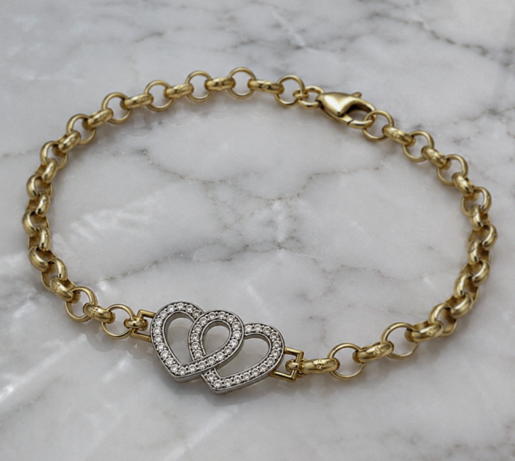 9ct Yellow Gold Cubic Zirconia Double Heart Children's Bracelet