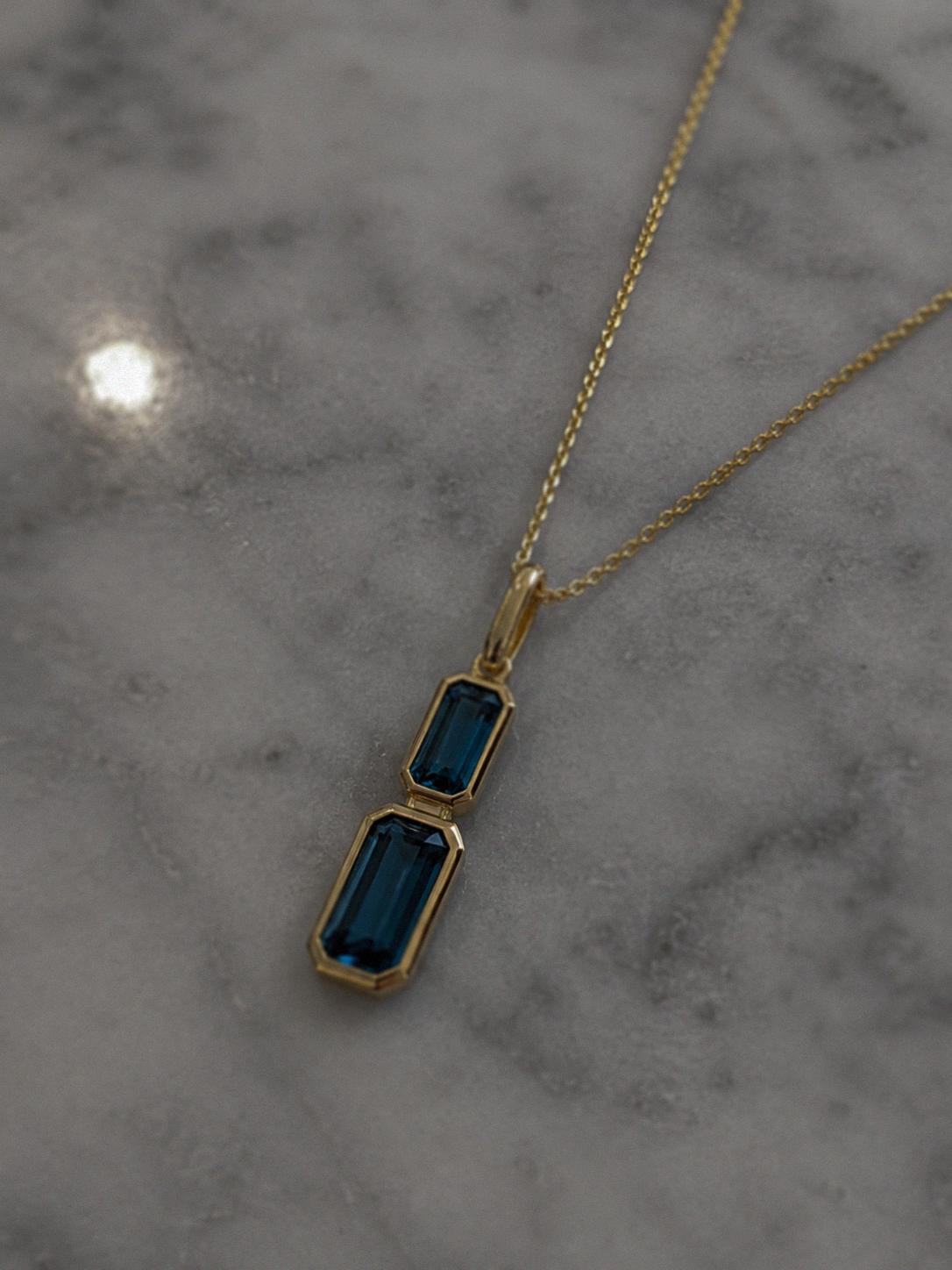 9ct Yellow Gold London Blue Topaz Drop Necklace - Emerald Cut Double Stone (45cm)