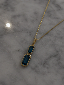 9ct Yellow Gold London Blue Topaz Drop Necklace - Emerald Cut Double Stone (45cm)