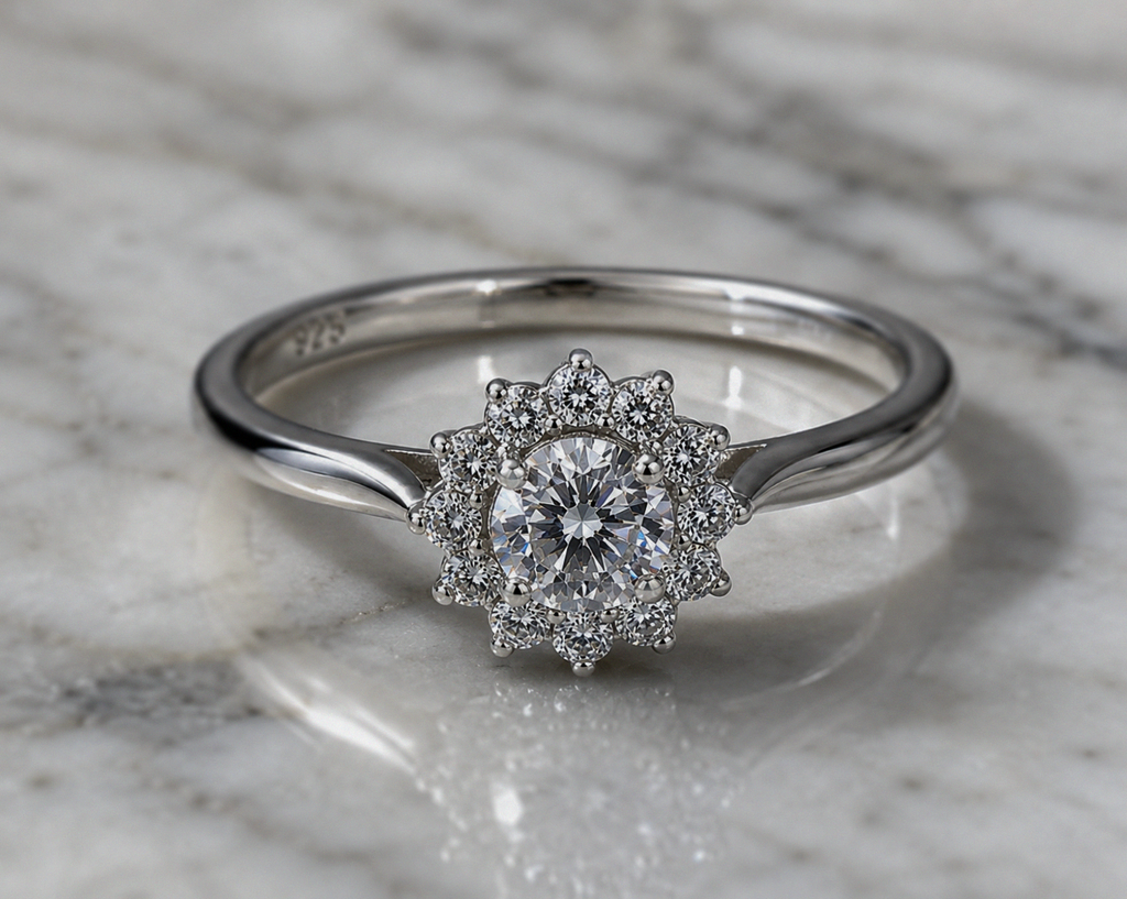 Sterling Silver Cubic Zirconia Flower Halo Ring
