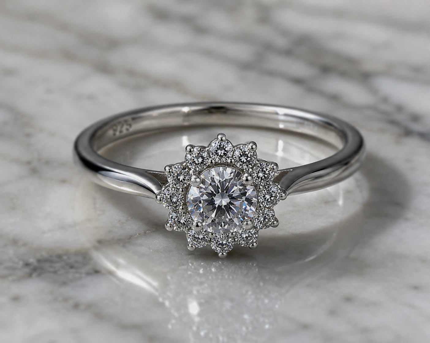 Sterling Silver Cubic Zirconia Flower Halo Ring