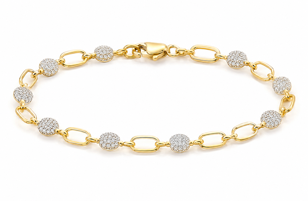 9ct Yellow Gold Cubic Zirconia Circle & Oblong Link Bracelet