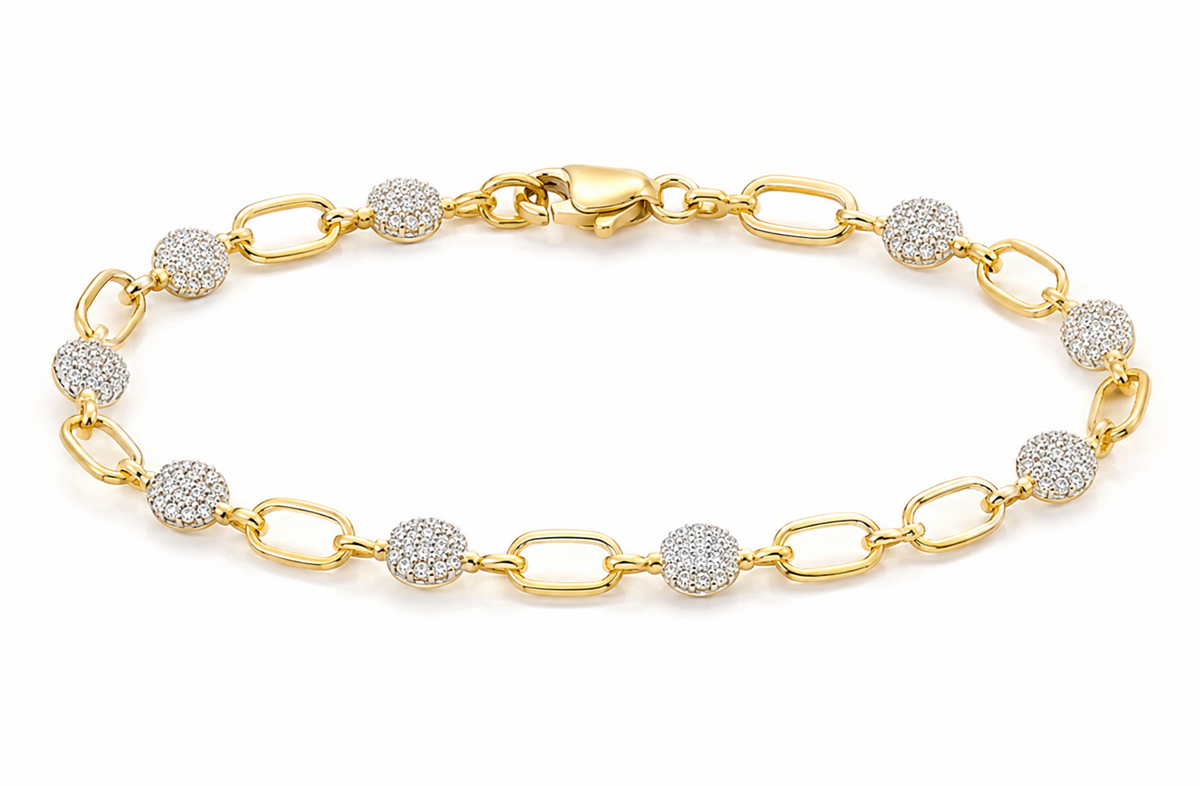 9ct Yellow Gold Cubic Zirconia Circle & Oblong Link Bracelet