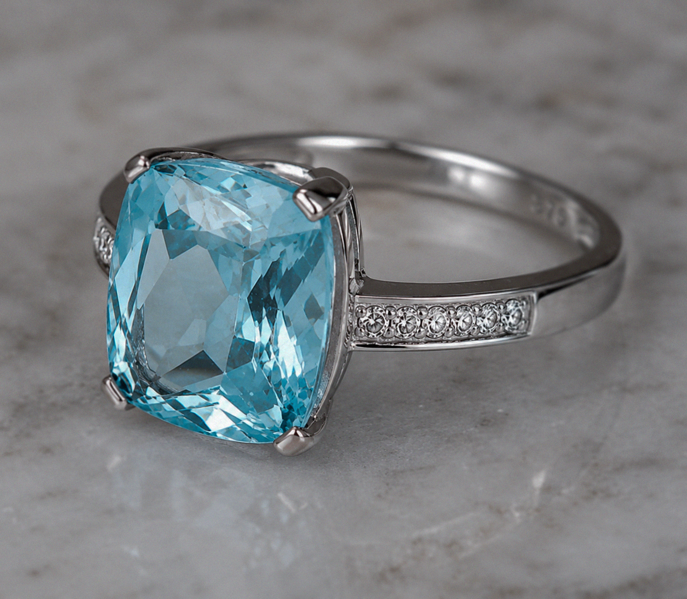 9ct White Gold Cushion-Cut Blue Topaz & Diamond Statement Ring