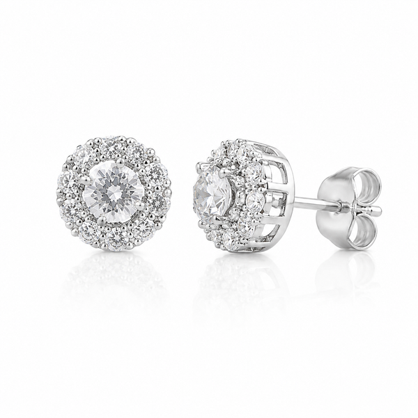 Silver Cubic Zirconia Cluster Halo Stud Earrings