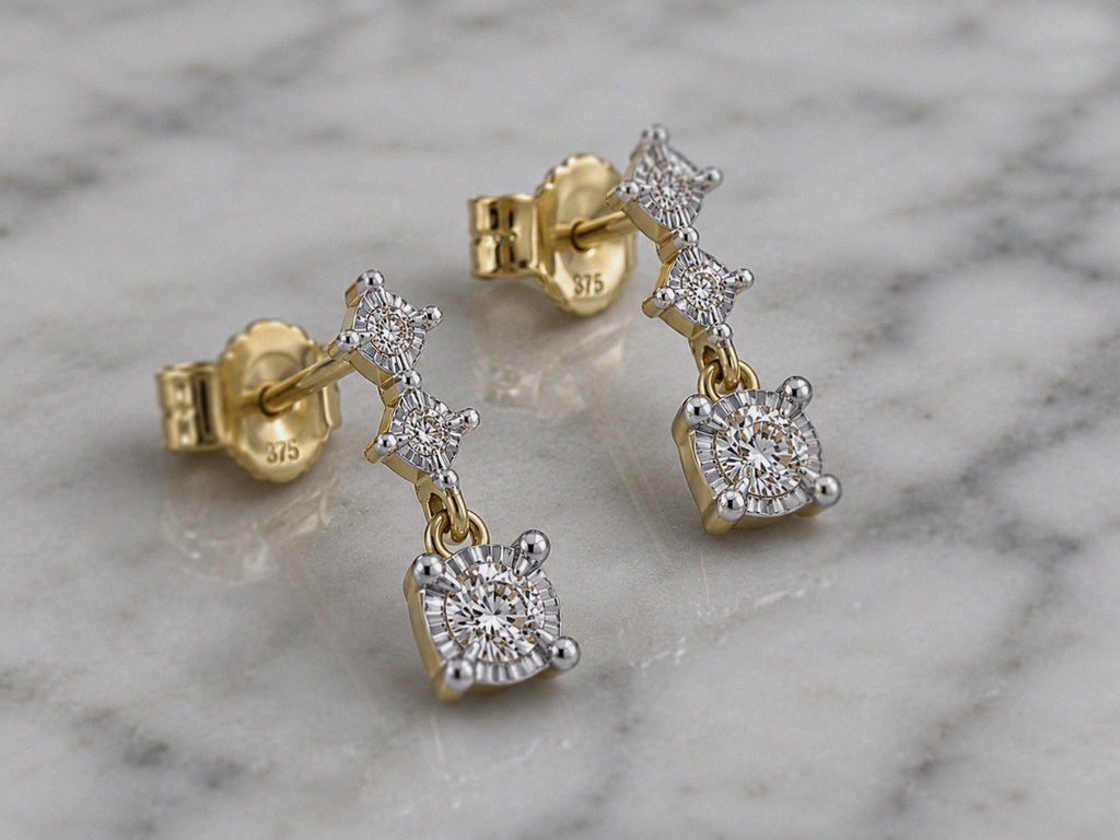 9ct Yellow Gold Diamond Trilogy Drop Earrings (0.20ct Total)